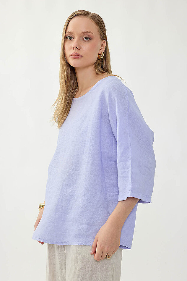 %100 Keten Geniş Yaka Oversize Kısa Kol Bluz - 27