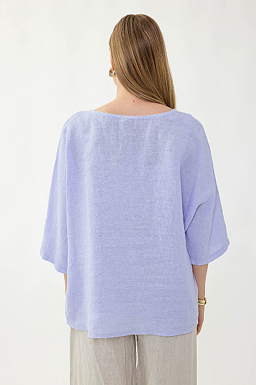 %100 Keten Geniş Yaka Oversize Kısa Kol Bluz - 28