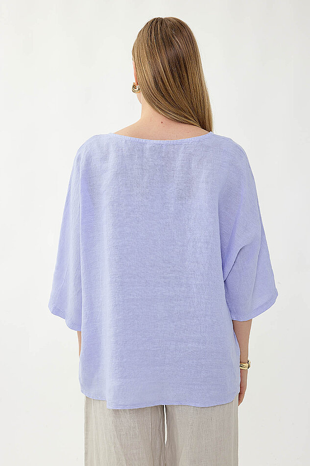 %100 Keten Geniş Yaka Oversize Kısa Kol Bluz - 28