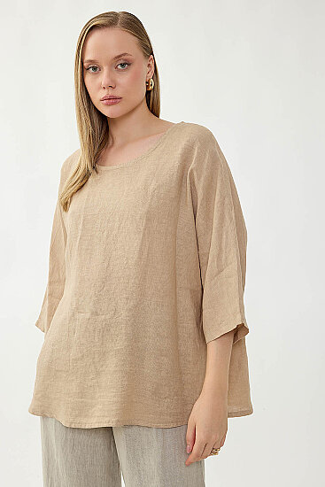 %100 Keten Geniş Yaka Oversize Kısa Kol Bluz - 31