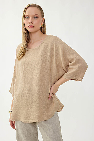 %100 Keten Geniş Yaka Oversize Kısa Kol Bluz - 32