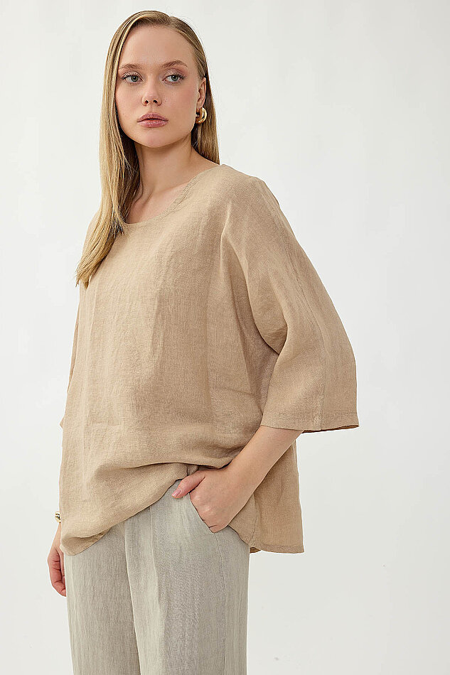 %100 Keten Geniş Yaka Oversize Kısa Kol Bluz - 35