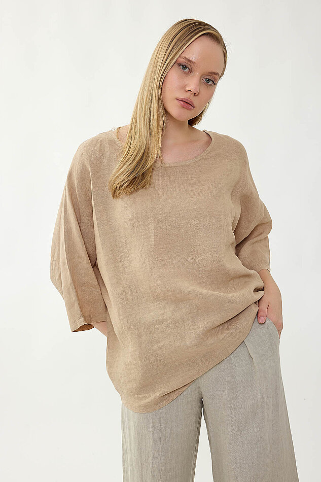 %100 Keten Geniş Yaka Oversize Kısa Kol Bluz - 36
