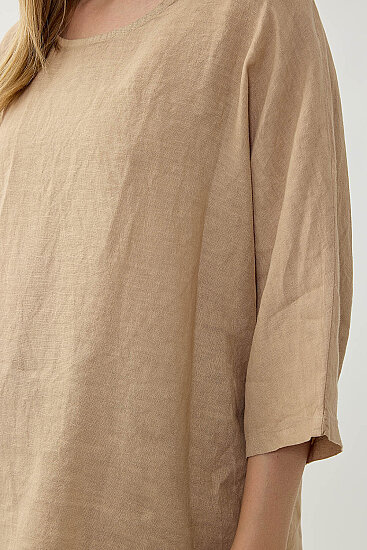 %100 Keten Geniş Yaka Oversize Kısa Kol Bluz - 34