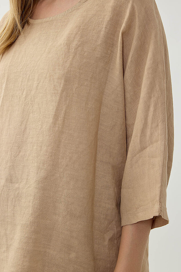 %100 Keten Geniş Yaka Oversize Kısa Kol Bluz - 34