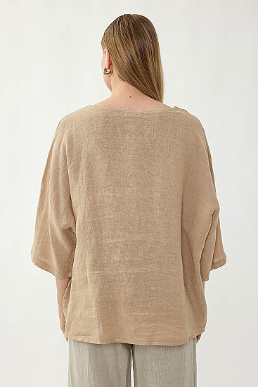 %100 Keten Geniş Yaka Oversize Kısa Kol Bluz - 33