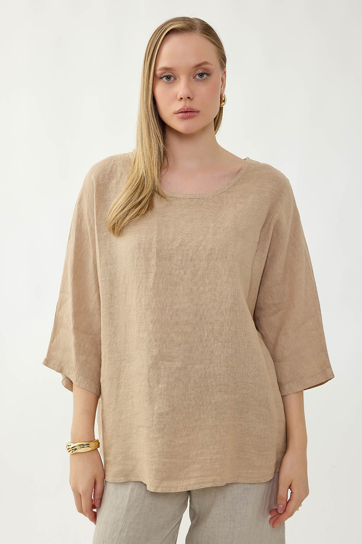 %100 Keten Geniş Yaka Oversize Kısa Kol Bluz - Thumbnail