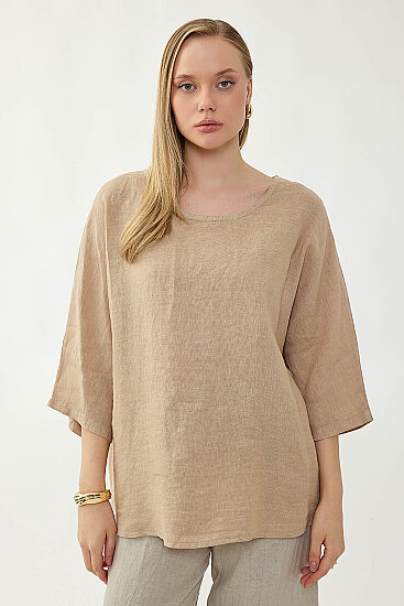 %100 Keten Geniş Yaka Oversize Kısa Kol Bluz - 37