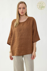 %100 Keten Geniş Yaka Oversize Kısa Kol Bluz