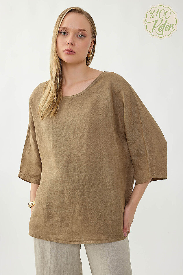 %100 Keten Geniş Yaka Oversize Kısa Kol Bluz - 6