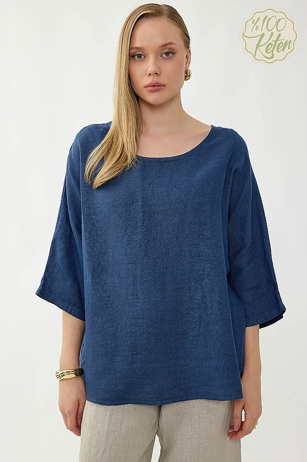 %100 Keten Geniş Yaka Oversize Kısa Kol Bluz - 18