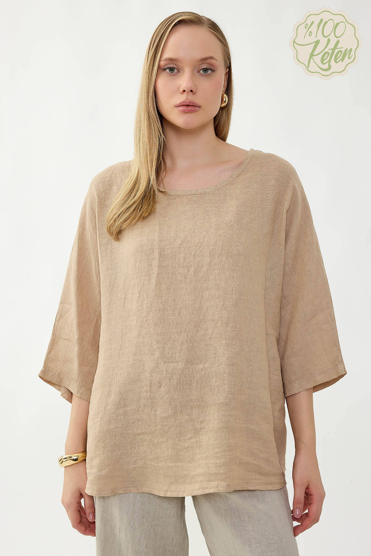 %100 Keten Geniş Yaka Oversize Kısa Kol Bluz - Thumbnail