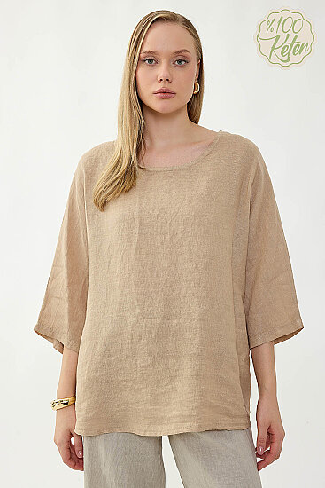 %100 Keten Geniş Yaka Oversize Kısa Kol Bluz - 30