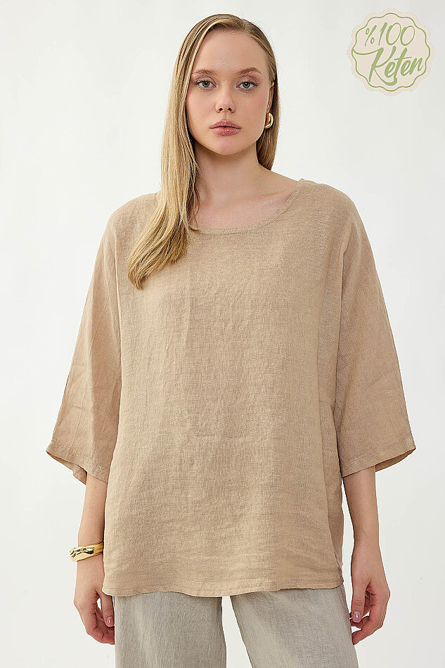 %100 Keten Geniş Yaka Oversize Kısa Kol Bluz - 30