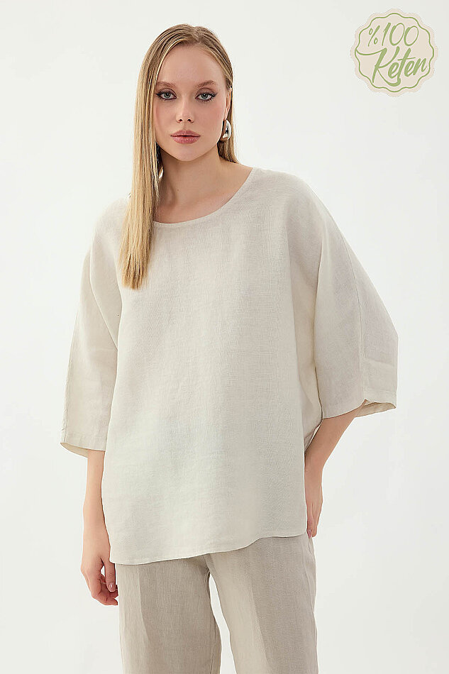 %100 Keten Geniş Yaka Oversize Kısa Kol Bluz - 38