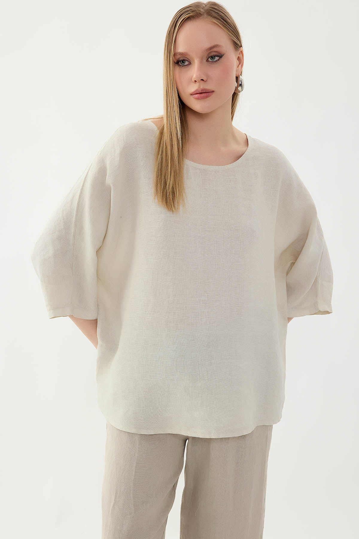 %100 Keten Geniş Yaka Oversize Kısa Kol Bluz - Thumbnail