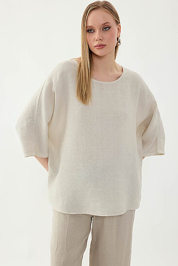 %100 Keten Geniş Yaka Oversize Kısa Kol Bluz - 40