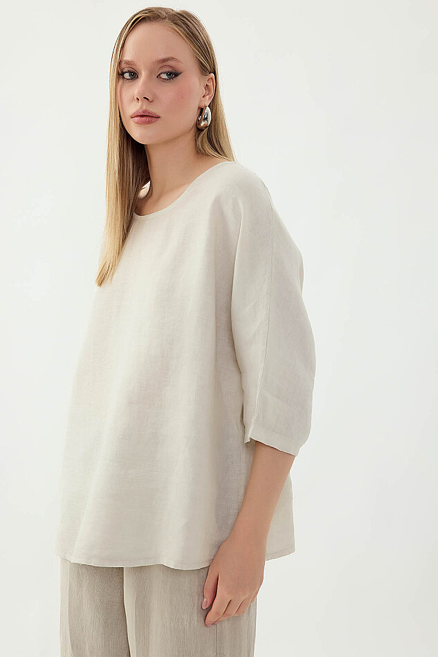 %100 Keten Geniş Yaka Oversize Kısa Kol Bluz - 41