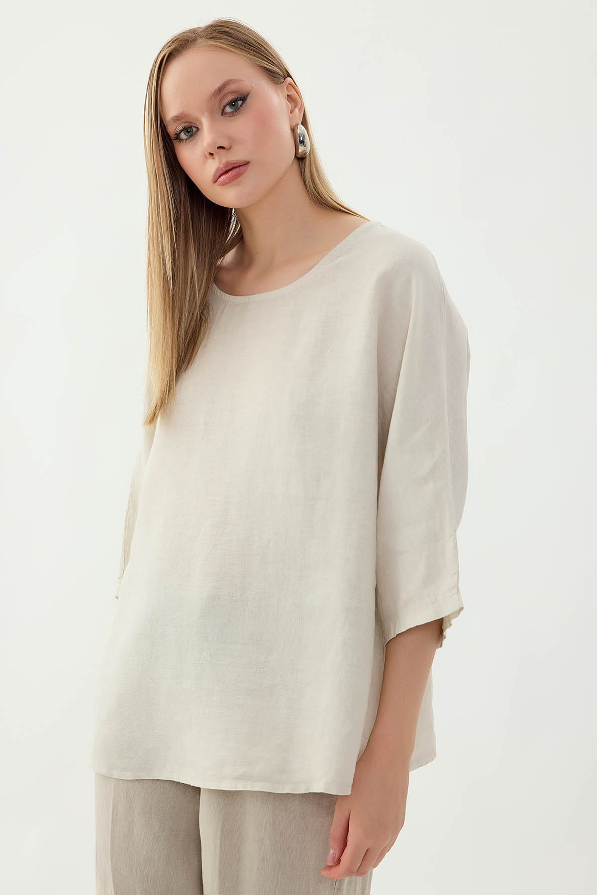%100 Keten Geniş Yaka Oversize Kısa Kol Bluz - Thumbnail