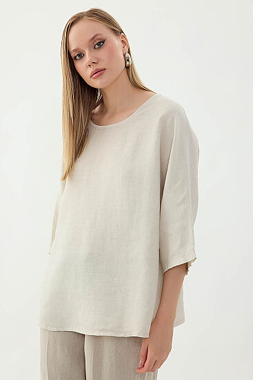 %100 Keten Geniş Yaka Oversize Kısa Kol Bluz - 43