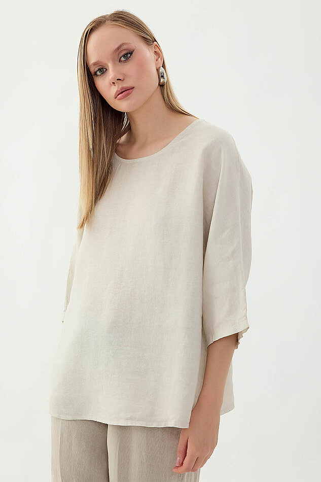 %100 Keten Geniş Yaka Oversize Kısa Kol Bluz - 43