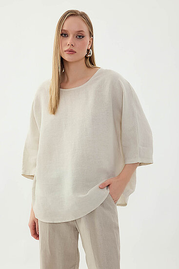 %100 Keten Geniş Yaka Oversize Kısa Kol Bluz - 44