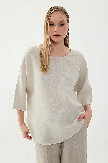 %100 Keten Geniş Yaka Oversize Kısa Kol Bluz - 45