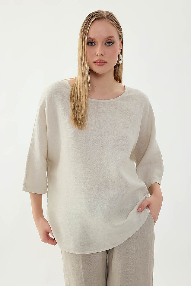 %100 Keten Geniş Yaka Oversize Kısa Kol Bluz - 45