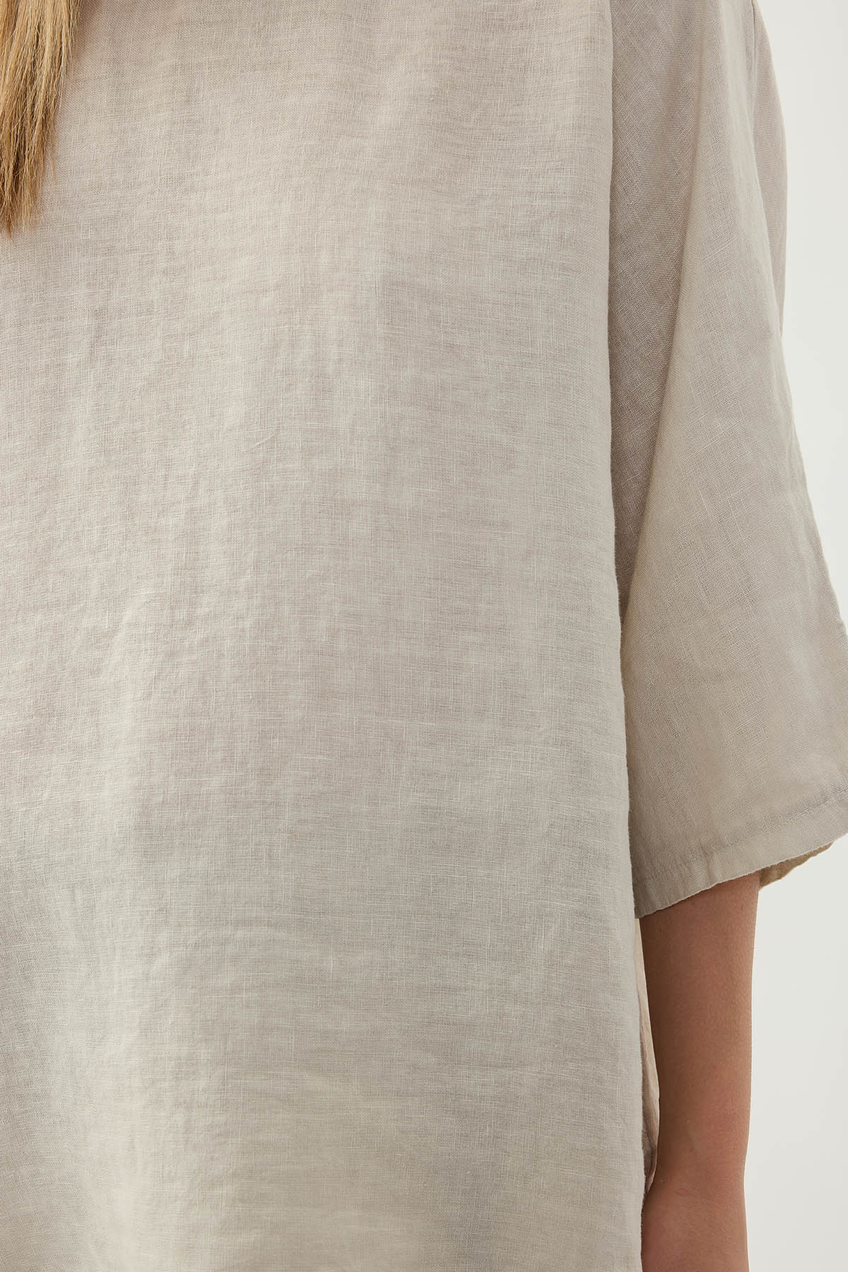 %100 Keten Geniş Yaka Oversize Kısa Kol Bluz - Thumbnail