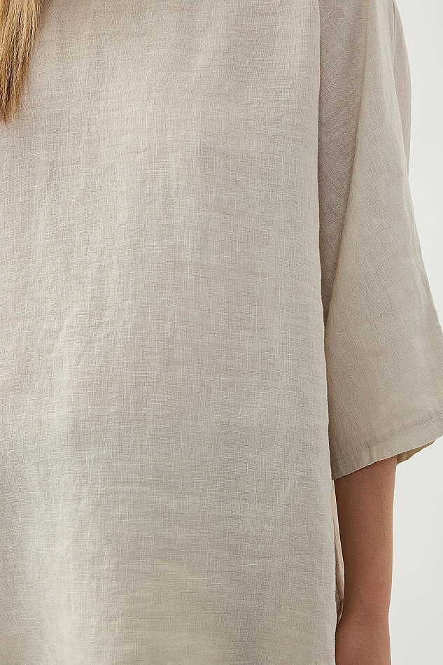 %100 Keten Geniş Yaka Oversize Kısa Kol Bluz - 46