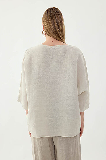 %100 Keten Geniş Yaka Oversize Kısa Kol Bluz - 42