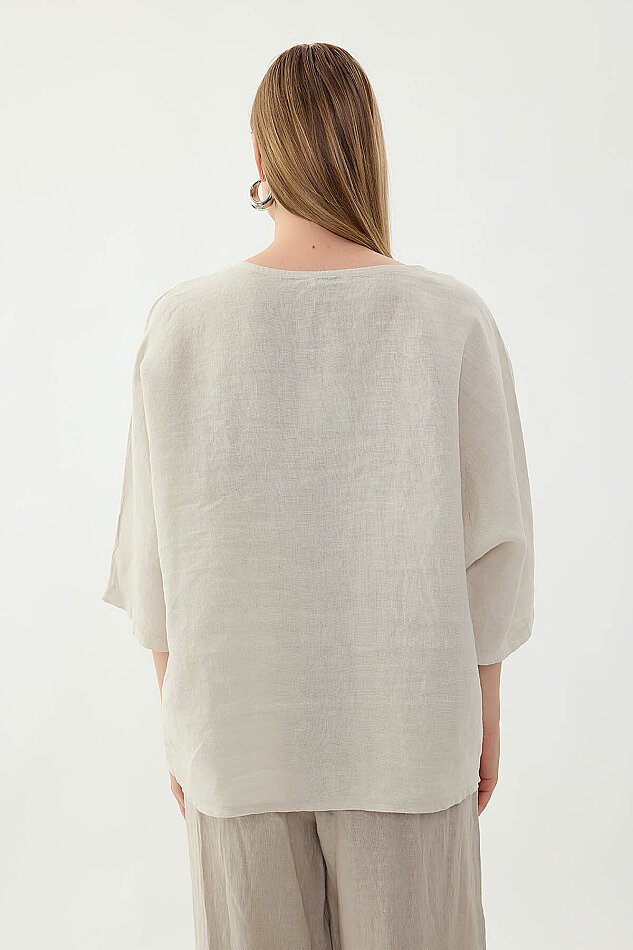 %100 Keten Geniş Yaka Oversize Kısa Kol Bluz - 42
