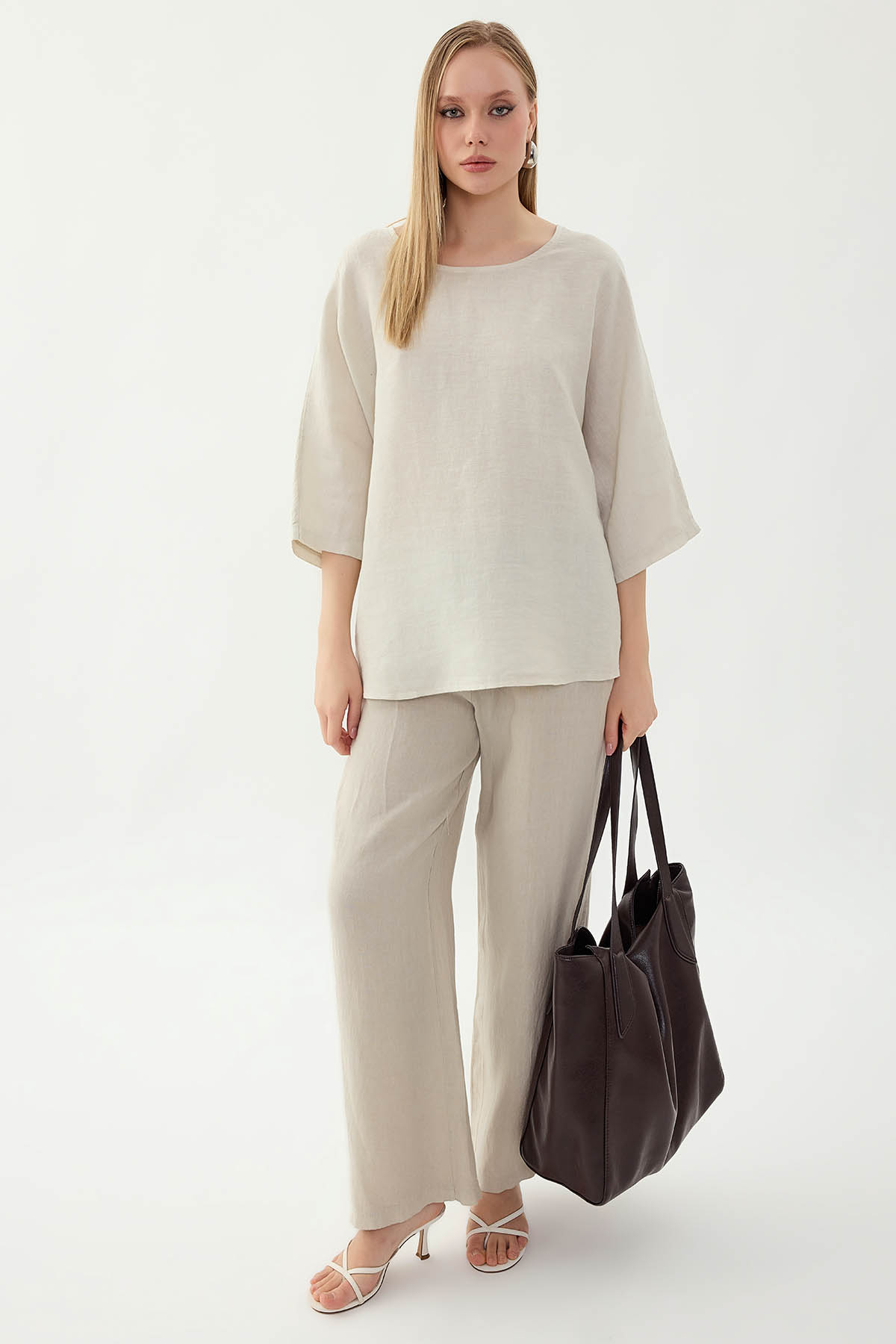 %100 Keten Geniş Yaka Oversize Kısa Kol Bluz - Thumbnail