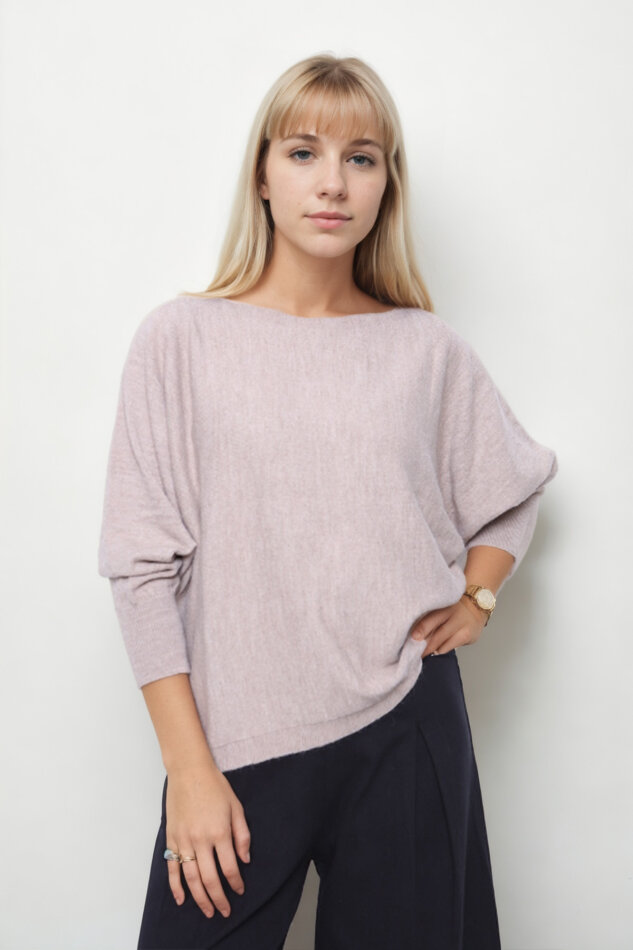 Geniş Yaka Yarasa Kol Oversize Triko Bluz - 34