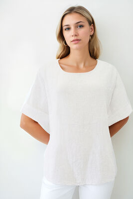 Geniş Yaka Yarım Kol Keten Bluz - Thumbnail (4)