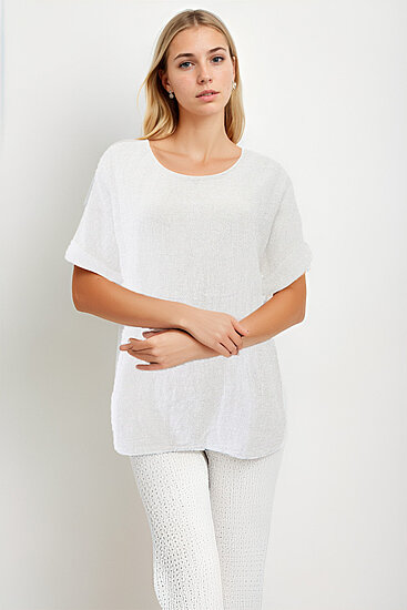 Geniş Yaka Yarım Kol Keten Bluz - 4