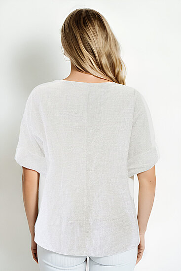 Geniş Yaka Yarım Kol Keten Bluz - 6