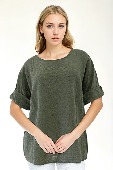 Geniş Yaka Yarım Kol Keten Bluz - 1