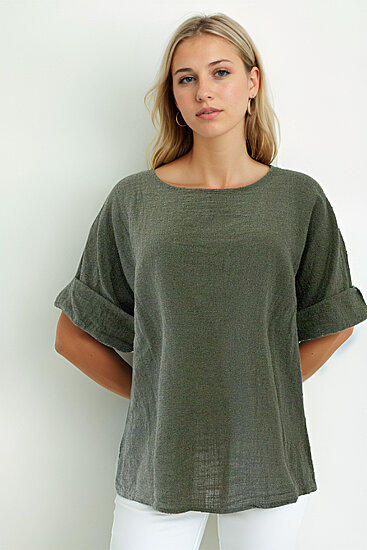 Geniş Yaka Yarım Kol Keten Bluz - 2