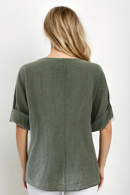 Geniş Yaka Yarım Kol Keten Bluz - Thumbnail (2)