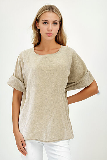 Geniş Yaka Yarım Kol Keten Bluz - 7