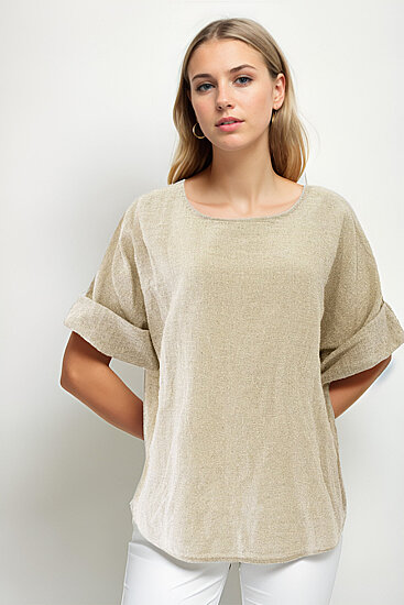 Geniş Yaka Yarım Kol Keten Bluz - 8