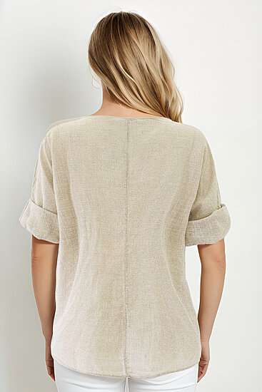 Geniş Yaka Yarım Kol Keten Bluz - 9