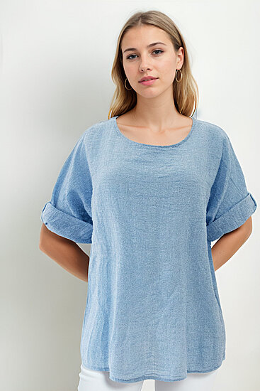 Geniş Yaka Yarım Kol Keten Bluz - 11