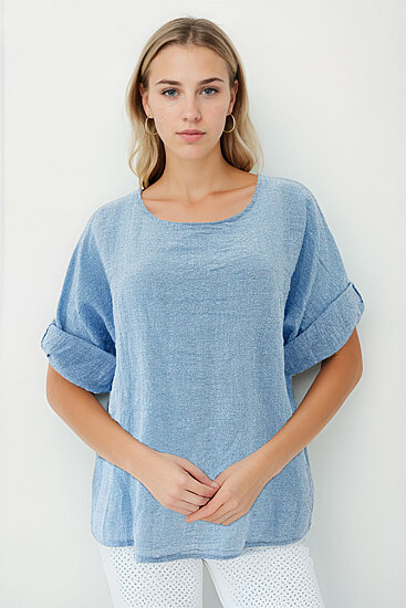 Geniş Yaka Yarım Kol Keten Bluz - 10