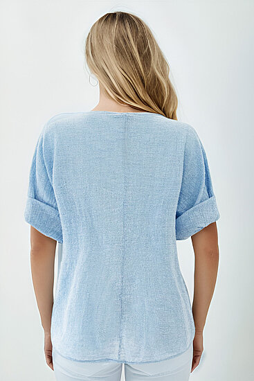 Geniş Yaka Yarım Kol Keten Bluz - 12