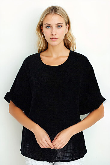 Geniş Yaka Yarım Kol Keten Bluz - 14