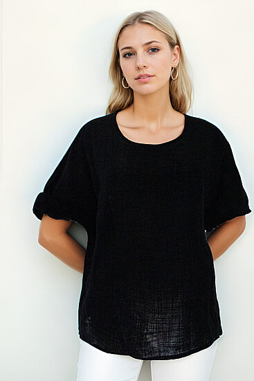 Geniş Yaka Yarım Kol Keten Bluz - 13