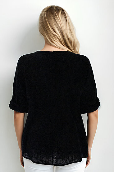 Geniş Yaka Yarım Kol Keten Bluz - 15