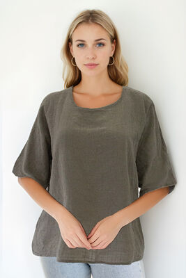 Geniş Yaka Yarım Kol Keten Bluz - Thumbnail (15)